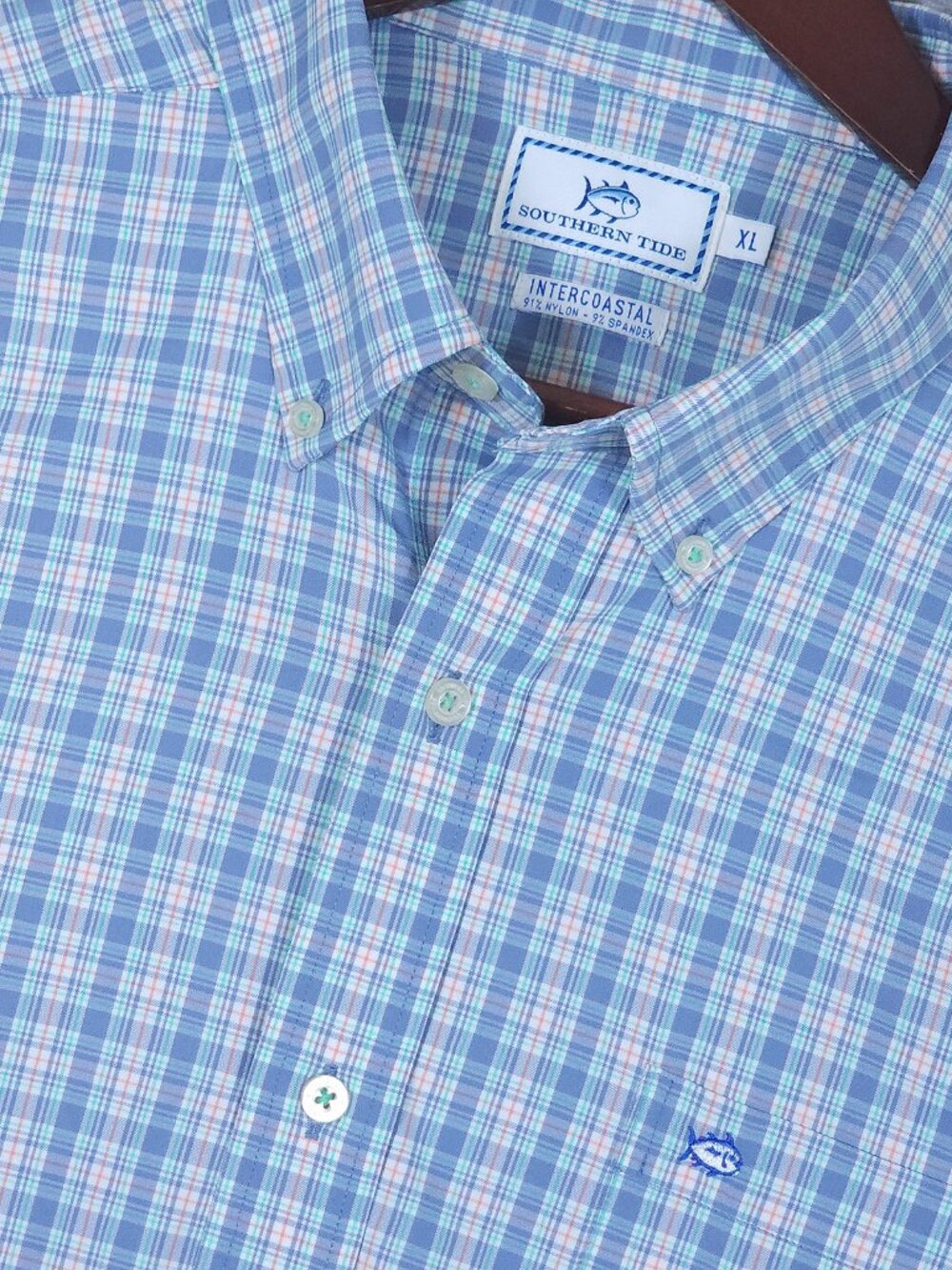 Southern Tide Intercoastal Shirt XL Blue Pastel Plaid Preppy Performance Stretch